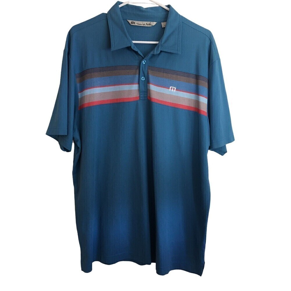 Travis Mathew Polo Shirt Men's Size XL Blue Short Sleeve Color Block Stripes